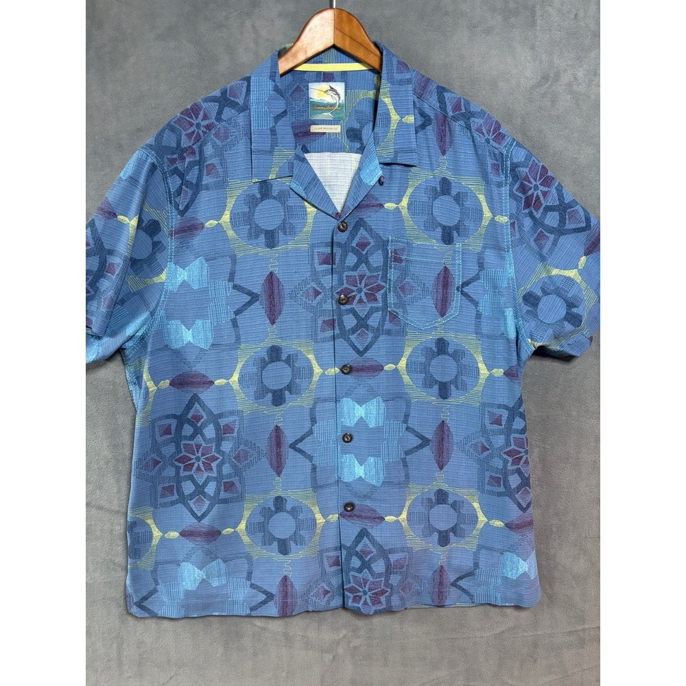 Tommy Bahama Camp Shirt Mens 2XL Silk Geometric Hawaiian Loop Collar Short Blue